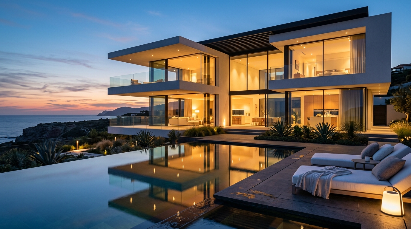 Villa contemporánea al atardecer con alberca infinita